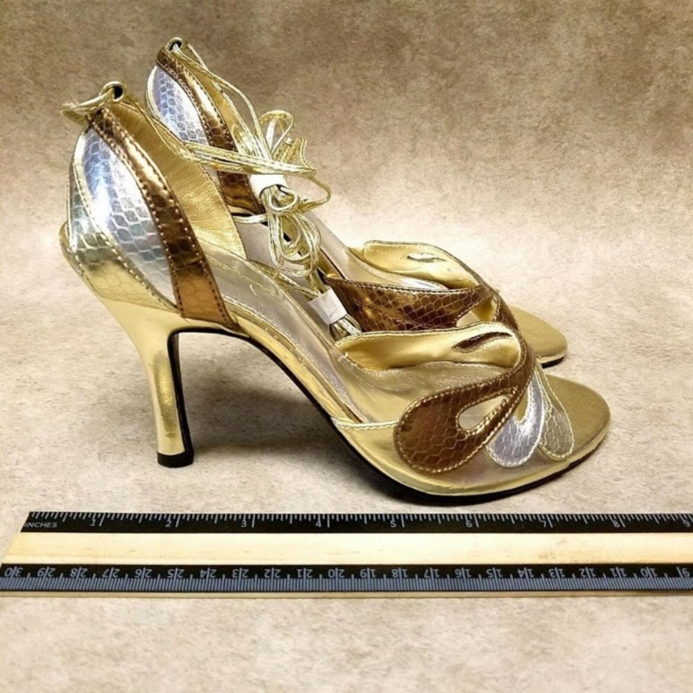 Delicious Cleopatra SnakeSkin GoldSilverBronze Strap Wrap Heels - Picture 2 of 9